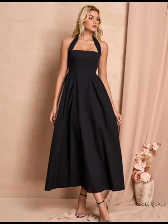 Halter Midi Dress Corset Elegant Long Formal Cocktail Wedding Guest - Picture 5 of 6